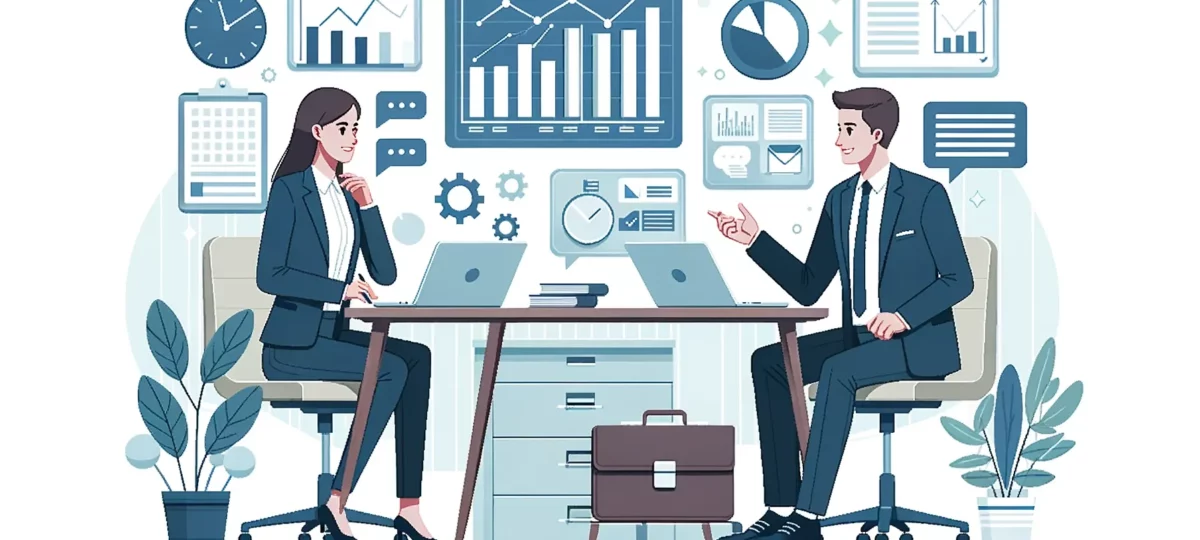 Illustration einer Büroumgebung, in der zwei kaukasische Geschäftspersonen Ideen austauschen. Die Szenerie beinhaltet einen Schreibtisch, Laptops und geschäftsrelevante Dokumente.