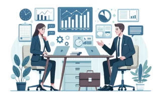 Illustration einer Büroumgebung, in der zwei kaukasische Geschäftspersonen Ideen austauschen. Die Szenerie beinhaltet einen Schreibtisch, Laptops und geschäftsrelevante Dokumente.