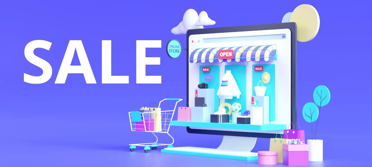 Illustration eines Online-Shops auf einem Computerbildschirm mit dem Schriftzug 'SALE' auf der linken Seite. Der virtuelle Shop zeigt reduzierte Artikel wie Kleidung und Accessoires, begleitet von einem Einkaufswagen voller Pakete und einer farbenfrohen Darstellung im modernen Stil auf blauem Hintergrund.
