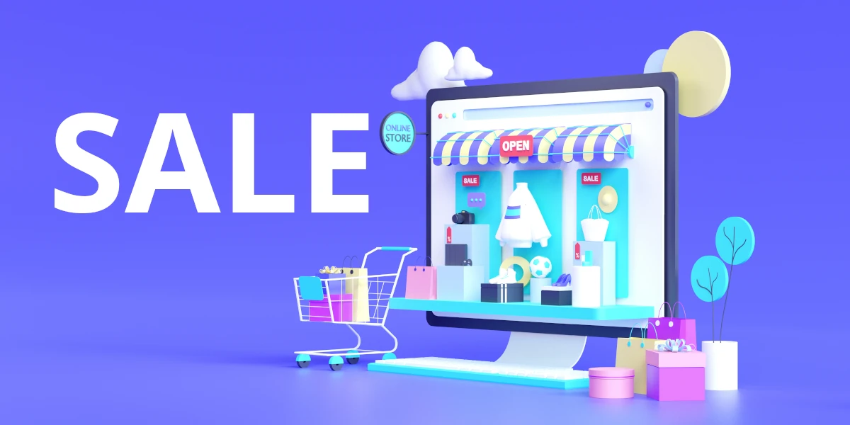 Illustration eines Online-Shops auf einem Computerbildschirm mit dem Schriftzug 'SALE' auf der linken Seite. Der virtuelle Shop zeigt reduzierte Artikel wie Kleidung und Accessoires, begleitet von einem Einkaufswagen voller Pakete und einer farbenfrohen Darstellung im modernen Stil auf blauem Hintergrund.