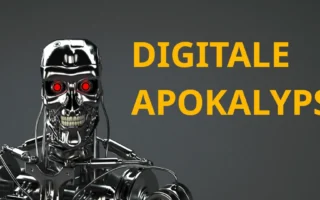 Ein bedrohlich wirkenden humanoiden Roboter, dessen Erscheinung an ein metallisches Skelett erinnert. Der Roboter hat ein silberglänzendes Gesicht ohne Haut, mit sichtbaren mechanischen Komponenten. Auffällig sind seine leuchtend roten Augen und das breite, starre Grinsen, das an ein Totenschädel-Gesicht erinnert. Links im Bild ist der Roboter zu sehen, rechts daneben steht in großen, gelben Großbuchstaben: „DIGITALE APOKALYPSE“. Der Hintergrund ist dunkelgrau, was den Kontrast zum Schriftzug und zur Figur verstärkt und eine düstere, bedrohliche Stimmung erzeugt.